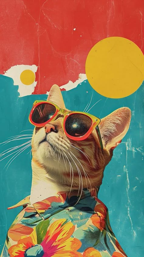 Dreamy Retro Collages whit a happy cat art sunglasses painting. | free image by rawpixel.com / Boom Cute Cat Illustration Wallpaper, Happy Poster Design, Cat Art Wallpaper Iphone, Cool Kitty, Retro Art Wallpaper, Sunglasses Painting, Cat Iphone Wallpaper, Happy Collage, Collage Cat