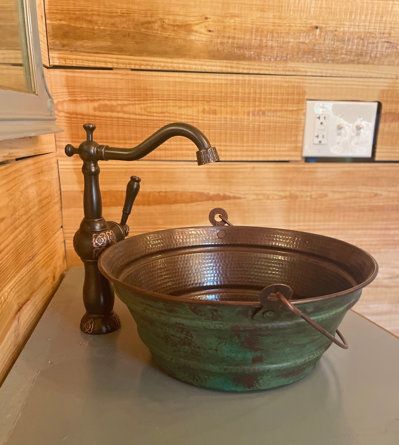 Rustic Bathroom Sinks, Copper Sink Care, Patina Design, Bucket Sink, Copper Sinks, Bath Sink, Copper Vessel, Cabin Bathrooms, Vintage Bucket