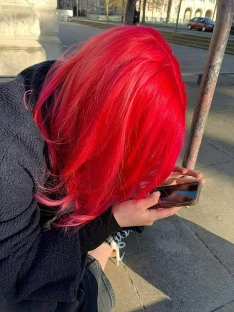 Electric Red Hair, Bright Red Pink Hair, Red Pinkish Hair, Red Bright Hair, Pink Red Hair Color, Bright Red Hair Aesthetic, Red Hair Color Bright, Red Fire Hair, Neon Red Hair