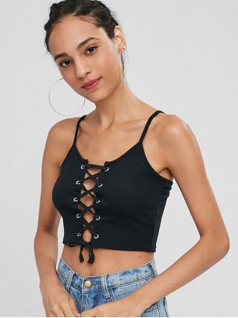 Lace Up Crop Top, Black Cami Top, Cute Tank Tops, Cami Crop Top, Cute Style, Fashion Stylist, Black Tank Tops, Tops For Women, Online Womens Clothing