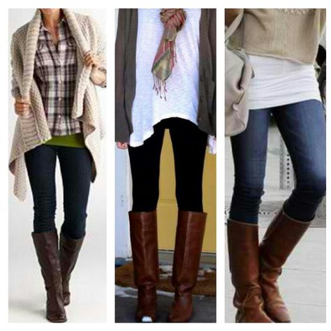 Black tights or dark skinny jeans with layered shirts and sweaters in light colors, brown boots Brown Boots Outfit, Dark Brown Boots, Winter Tights, Tall Brown Boots, Boating Outfit, Layered Shirts, Winter Leggings, Outfit Fall, Outfit Winter