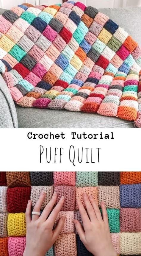 Crochet Puff Quilt Crochet Puff Quilt, Puff Quilt Pattern, Puffy Quilt, Crochet Quilt Pattern, Scrap Yarn Crochet, Bubble Quilt, Puff Quilt, Crochet Blanket Designs, Crochet Quilt