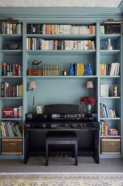 Shelves Around Piano, Piano Nook, Piano Room Decor, Piano Living Rooms, Piano Lounge, Interesting Homes, Edwardian Home, Home Library Rooms, Piano Decor