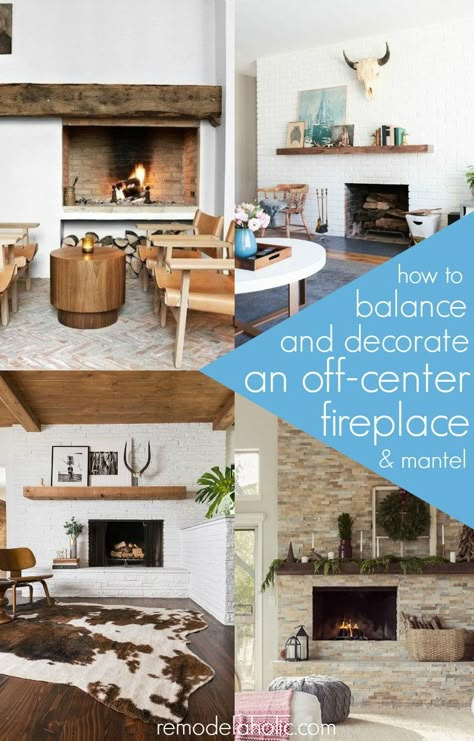 Learn how to balance and decorate an off-center fireplace & mantel. | Real Life Rooms: A Brick Fireplace Facelift Offset Fireplace, Asymmetrical Fireplaces, Off Center Fireplace, Center Fireplace, Fireplace Modern Design, Tv Above Fireplace, Fireplaces Layout, Fireplace Decorations, Room With Fireplace