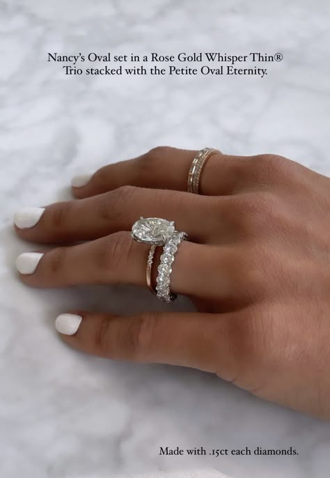 Multiple Rings On Hand With Wedding Ring, Engagment Ring Unique, Big Moissanite Engagement Ring, Oval Engagement Rings With Wedding Bands, Oval Wedding Stack, Chunky Diamond Wedding Band, Oval Engagement Ring Stack, Oval Wedding Ring Set, Oval Wedding Band