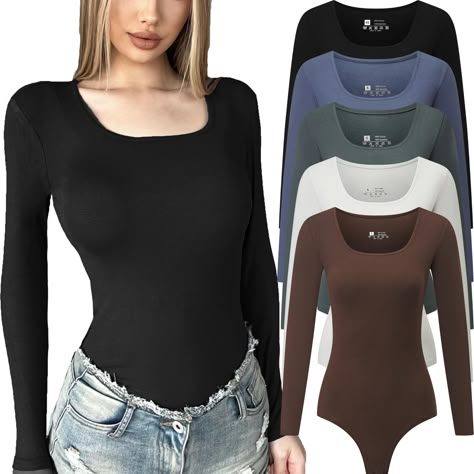 PRICES MAY VARY. Premium fabric: long sleeve bodysuit for women is made of ultra-soft, breathable, and stretchy fabric that is gentle on the skin. With its high elasticity and superb fit, the ribbed bodysuit hugs your curves in all the right places, giving you an ultimate second-skin experience Tanga bottom, 2 snap buttons butt closure at crotch Versatile Mix & Match: If there’s a singular wardrobe staple that does all the heavy lifting, it’s the bodysuit. You can easily pair it as a top with je Long Sleeve Body Suits, Body Suits Outfits, Bodysuit Black Outfit, Body Suit Outfits Jeans Casual, Long Sleeve Bodysuit Outfit, T Shirt Bodysuit, Winter Bodysuit, Black Bodysuit Outfit, Body Suit Outfit