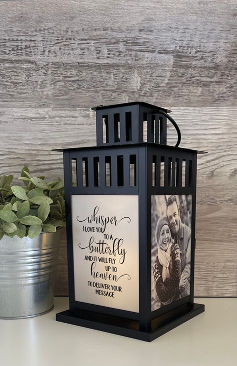 ⦁Our memorial lanterns come in 2 sizes and 2 colors. Lantern sizes are 11" and 17" (assembly required) and color options are black or white.  ⦁Each lantern comes with the quote shown in the photos unless requested otherwise ⦁All lanterns come with 3 layers, The top layer is a photo UV protective acrylic that fully protects the photos in your lantern. The middle layer is a photo printed on translucent paper with a UV printer for crisper, clearer photos. The Bottom layer is thick glass to protect Lantern Bouquet, Memorial Gift Diy, Photo Lantern, Memorial Decorations, Loss Of Love, Memory Lantern, Memory Items, Memorial Lanterns, Memories Photo