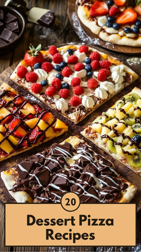 A dessert pizzas topped with various fruits, chocolate, and sweet sauces on a rustic wooden table. Dq Treat Pizza, Dessert Flatbread Pizza, Dessert Pizza Crust Recipe, Fall Dessert Pizza, Pizza Theme Desserts, Best Pizza Toppings Ideas, Chocolate Pizza Dessert, Unusual Pizza Ideas, Sweet Pizza Recipes