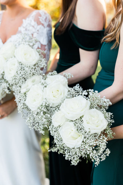 Baby's breath with white roses for bridesmaids. Emerald green bridesmaid dresses. Shot by Hannah Diane Photography. Small White And Green Bridesmaid Bouquet, Bridesmaids Bouqet, White Rose Wedding Bouquet, Emerald Green Bridesmaid Dresses, White Roses Wedding, Emerald Green Weddings, Bridesmaids Bouquets, White Bridesmaid Dresses, Babies Breath