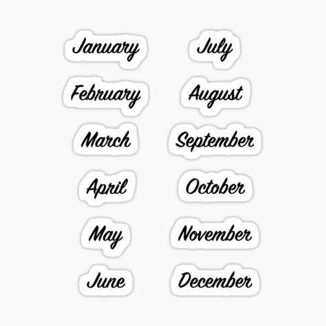 Scrapbook Months, Months Of The Year Chart Ideas, Month Fonts, Months Stickers, Retro Calligraphy, Calligraphy Vintage, New Year Stickers, Vintage Script, Penanda Buku