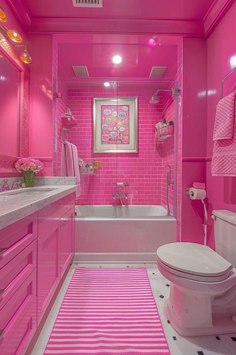 Bright Wallpaper Bathroom, Bright Fun Bathroom, Fun Colorful Bathroom, Hot Pink Bathroom, Girly Bathroom Decor, Pink Bathroom Tiles, Barbie Bathroom, Girly Bathroom, Deco Rose