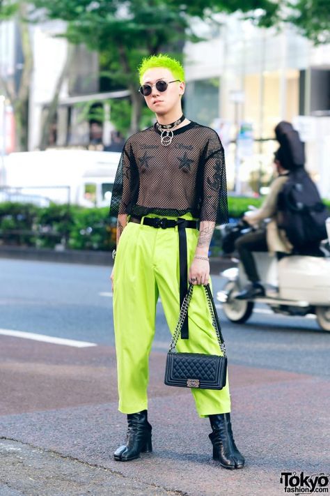 Neon Harajuku Street Style w/ H&M Mesh Top, Vintage Pants, Maison Margiela Tabi Boots, Chanel & Louis Vuitton Street Fashion Colorful, Neon Street Style, Maison Margiela Tabi Boots, Margiela Tabi Boots, Neon Street, Neon Pants, Harajuku Street Style, Tabi Boots, Harajuku Fashion Street