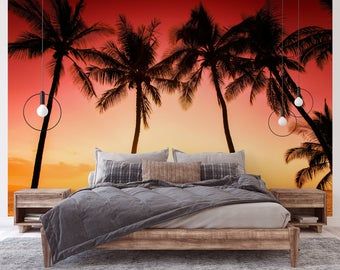 Peel and stick wallpaper large mural tropical sunset | Etsy Beach Bedroom Wallpaper, Sunset Mural Bedroom, Mural Ocean, Sunset Mural, Mermaid Wallpaper, Ocean Room, Large Wall Murals, Palm Wallpaper, Hallway Bathroom