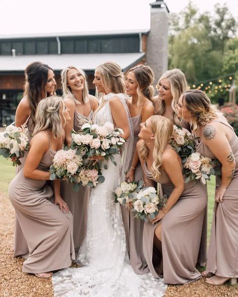 Birdy Grey Taupe, Woodsy Background, Taupe Wedding Colors, Bridal Party Color Schemes, Crepe Dresses, Taupe Bridesmaid, Starry Wedding, Taupe Wedding, Bridal Parties Colors