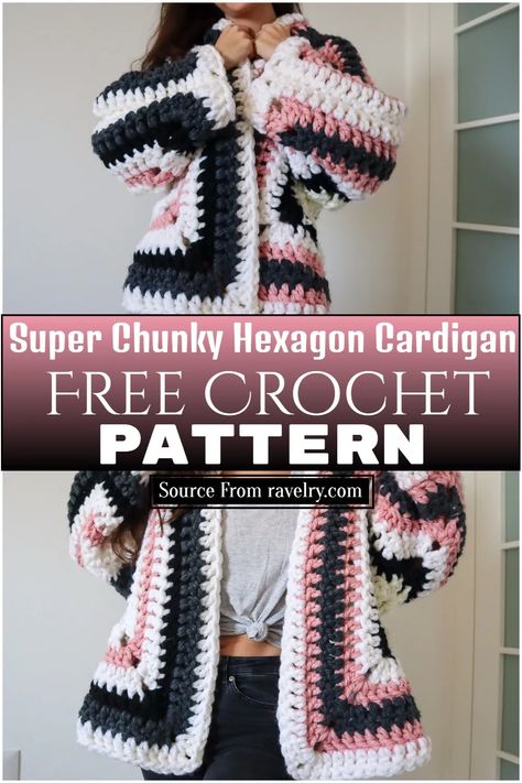 Crochet Granny Square Hexagon Cardigan Free Pattern, Bernat Blanket Yarn Patterns Crochet Sweater, Crochet Hexi Cardigan Pattern Free, Granny Hexagon Cardigan Free Pattern, Crochet Cardigan Design, Crochet Cardigan Chunky Yarn, Chunky Yarn Cardigan Crochet Pattern, Super Chunky Cardigan Knit Patterns Free, Easy Chunky Crochet Cardigan