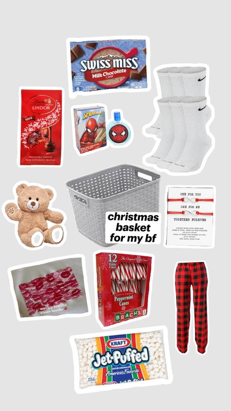 #christmas #basket #gift #bf #boyfriend Birthday Baskets For Boyfriend, Bday Gift For Boyfriend, Christmas Presents For Boyfriend, Diy Christmas Gifts For Boyfriend, Making A Gift Basket, Girly Christmas Gifts, Boyfriend Gift Basket, Christmas Basket, Birthday Basket