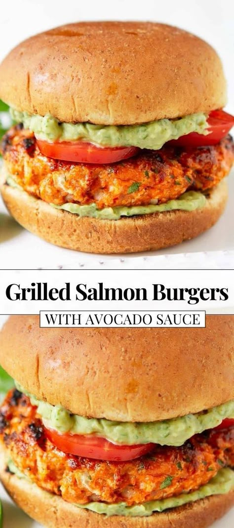 Salmon burger with avocado sauce and tomato  on a white plate. Salmon Burger Toppings, Salmon Burger Sauce, Healthy Salmon Burgers, Best Grilled Salmon, Burger With Avocado, Seafood Main Course, Grilled Salmon Burgers, Chipotle Salmon, Burgers With Avocado