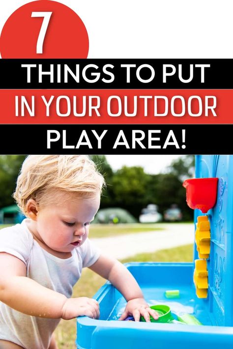 The backyard can be the perfect spot for your toddler to learn, explore, play, and burn off energy. Get ideas on what to include in your outside play area for your toddler to have some fun! Make your backyard the perfect spot for your toddler to enjoy movement and sensory play by just walking out the back door. Infant Outdoor Play Area Daycare, Backyard Ideas For Toddlers, Toddler Playground Backyard, Baby Outdoor Play Area, Toddler Play Area Outside, Outdoor Toddler Play Area, Toddler Backyard Play Area, Small Backyard Ideas For Kids, Daycare Outdoor Play Area