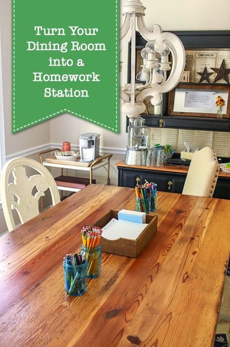 How to turn a dining room into a homework station your kids can't wait to use! | Pretty Handy Girl Dining Room Turned Homework Room, Homework Station In Kitchen, Dining Room Homework Station, Turn Dining Room Into Playroom, Homeschool In Dining Room, Dining Room Turned Craft Room, Dining Room Homeschool Space, Multipurpose Dining Room, Wfh Mom