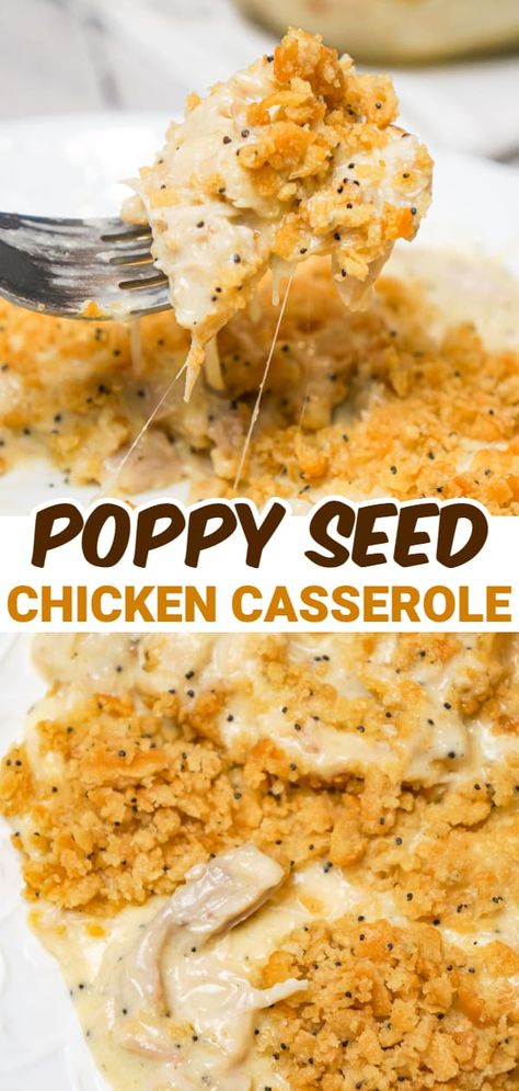 Poppy Seed Chicken Casserole is an easy dinner recipe loaded with shredded chicken, cream of chicken soup, shredded cheese and poppy seeds and topped with crumbled Ritz crackers. Poppy Seed Chicken With Cream Cheese, Poppy Seed Chicken For A Crowd, Poppy Seed Chicken Crockpot, Easy Poppy Seed Chicken Casserole, Chicken Popercosh, Dinners With Shredded Chicken, Easy Poppy Seed Chicken, Chicken Poppyseed, Recipe With Shredded Chicken