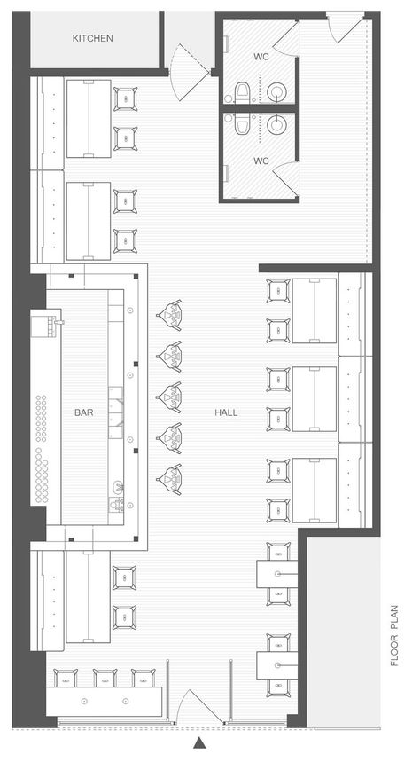 HIKKI Japanese Restaurant by Alexander Yukhimets. Bar Layout Plan, Kitchen Architecture Design, Bar Layout Design, Small Restaurant Floor Plan, Restaurant Interior Design Plan, Japanese Restaurant Layout, Small Cafe Floor Plan, Caffee Restaurant Design Plan, Cafe Plan Layout With Dimensions