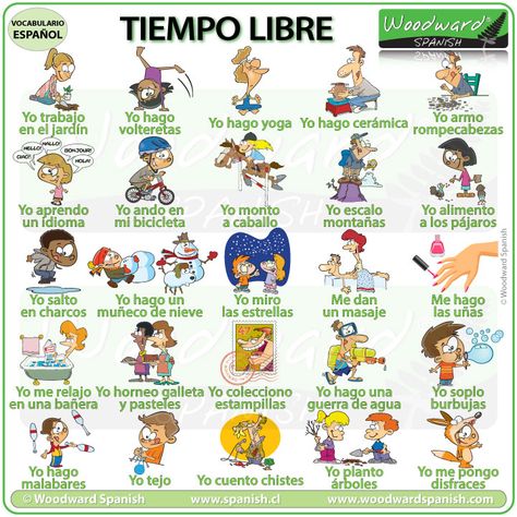 Spanish Vocabulary about Free Time Activities - Vocabulario de actividades de tiempo libre en español #ELE #SpanishLesson #TiempoLibre #LearnSpanish #SpanishTeacher #SpanishClass #SpanishVocabulary Activities In English, Woodward English, Freetime Activities, Communication Cards, Free Time Activities, My Free Time, Activities For Children, Spanish Activities, English Activities