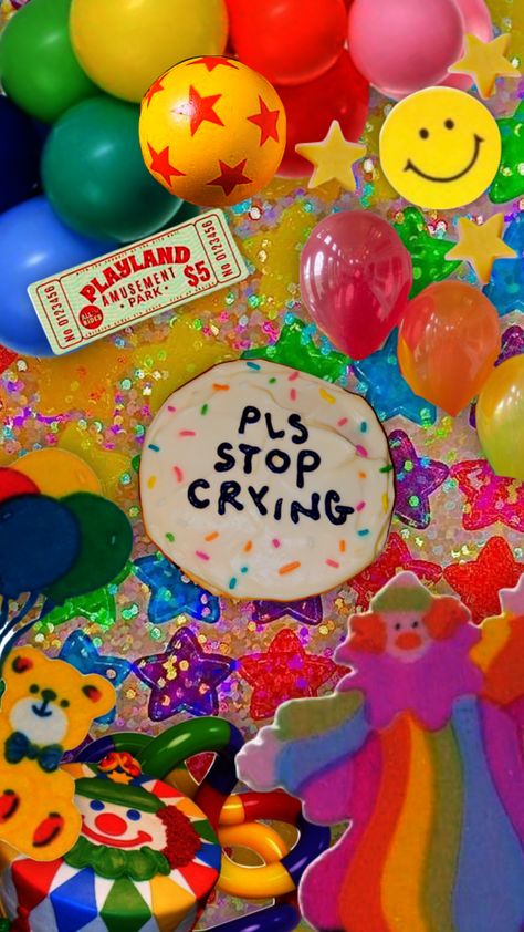 #clowncore #circuscore #clownpunk #clown #circus #brightcolors #rainbow Clown Core, Stop Crying, Please Stop, Smiley Face, Circus, Balloons, Rainbow, Cake