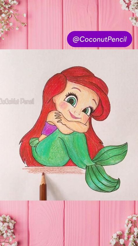 Character Drawings Easy, Easy Mermaid Drawing, فنسنت فان جوخ, Ariel Drawing, Disney Character Drawings, Mermaid Cartoon, Easy Disney Drawings, Baby Cartoon Drawing, Disney Character Drawing