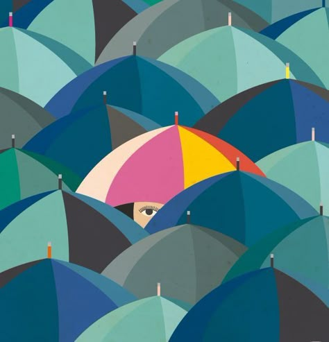 Emphasis is shown here by centering the focus of the piece.  It also makes the umbrella pop by using bright colors compared to the others shown.  This is also the only umbrella where the viewer can see part of the persons face. Emphasis Design, Principles Of Design Contrast, Emphasis Art, Rhythm In Design, Emphasis In Art, Contrast Illustration, Repetition Art, Principle Of Design, Elements And Principles Of Design