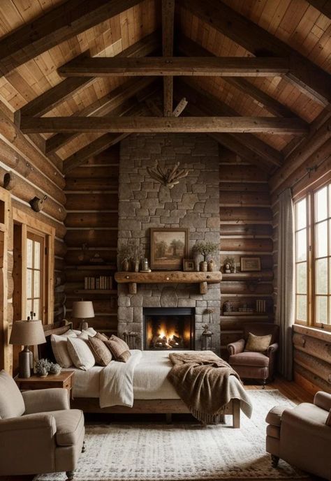 25 Eclectic Bedroom Ideas for a Unique Space 27 Modern Cabin Bedroom Ideas, Bloxburg Cabin, Eclectic Bedroom Ideas, Cabin Bedrooms, Vintage Farmhouse Bedroom, Built In Around Fireplace, Modern Chalet, Log Cabin Interior, Cabin Bedroom