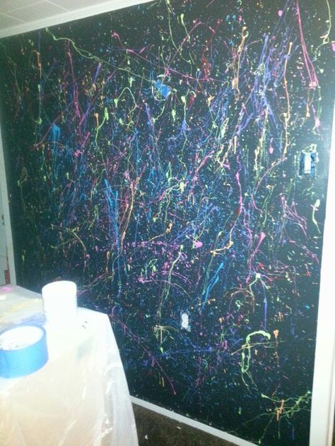 Splatter painted wall..amazing on black background. My daughter loves it!!! Splatter Paint Bedroom, Paint Splatter Room, 4 Unit Apartment Building, Log Cabin Garage, Apartment Building Plans, Craftsman Style Garage, Splatter Room, Youth Group Rooms, Cabin Garage