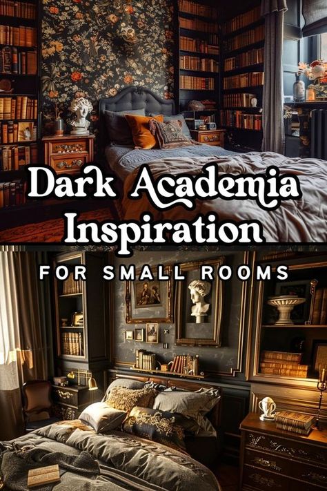 Can the dark academia aesthetic work in a small bedroom? Will the dark color palette make the room feel cramped? When it comes to small spaces, should dark decor be avoided at all costs?  Well, in my opinion, darkness in a small room is a GOOD THING!  In this post, I’m sharing some small bedroom ideas for the dark academia decor look, and explaining why the whole “dark colors make a room feel smaller” thing is a myth. 😉🖤  So if you live in a small apartment with a small bedroom area and you love dark academia, read on! Dark Academia Bedroom Ideas, Dark Academia Bedroom, Dark Academia Interior, Dark Academia Home, Academia Bedroom, Dark Academia Room, Academia Room, Dark Decor, Academia Decor