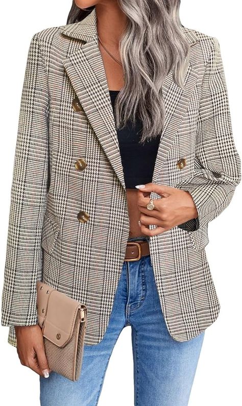 Tan Blazer Jacket for Women Brown Camel Fall Winter Houndstooth Plaid Checkered Long Blazers Jackets Coats at Amazon Women’s Clothing store Womens Christmas Tops, Business Elegant, Tweed Blazer Women, Christmas Jacket, Business Casual Top, Blazer For Women, Plus Size Blazer, Christmas Outfits Women, Blazer Jackets For Women