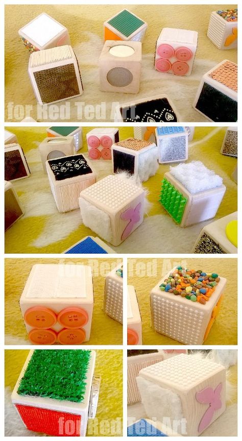 DIY Sensory Blocks - a wonderful sensory toy for your little one, but wouldn't they be GREAT in speech therapy? Close your eyes, touch, now describe how it feels.  Use your best vocabulary words for describing! Perlengkapan Bayi Diy, Sensory Blocks, Diy Sensory, Baby Sensory Play, Sensory Boards, Sensory Room, Sensory Development, Baby Diy, Baby Sensory