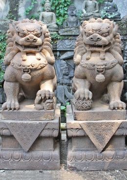 Stone Pair of Guardian Lions or Foo Dogs 51" Chinese Lion Statue, Dog Statue Sculpture, Garden Buddha, Foo Dog Tattoo, Lotus Sculpture, Foo Dog Statue, Chinese Lion, Buddhist Art Drawing, Guardian Lion