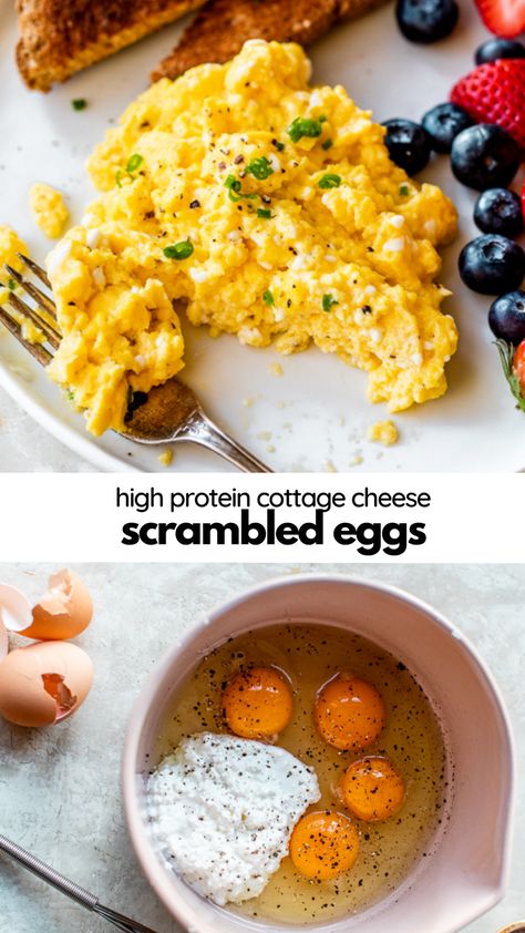 Scrambled Eggs With Cottage Cheese, Eggs With Cottage Cheese, Protein Cottage Cheese, Scrambled Eggs With Cheese, Menu Sarapan Sehat, High Protein Breakfast Recipes, Fluffy Eggs, Healthy High Protein Meals, Cottage Cheese Recipes