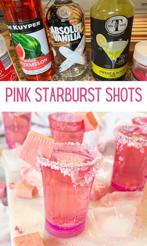 Pink Starburst Jello Shots Recipe, Starburst Shots Recipe, Cute Bar Drinks, Pink Lemonade Shots, Shots Made In Bulk, Shots That Taste Like Candy, 21st Birthday Shots Recipes, Pink Starburst Drink Alcohol, Sky Vodka Drinks Recipes