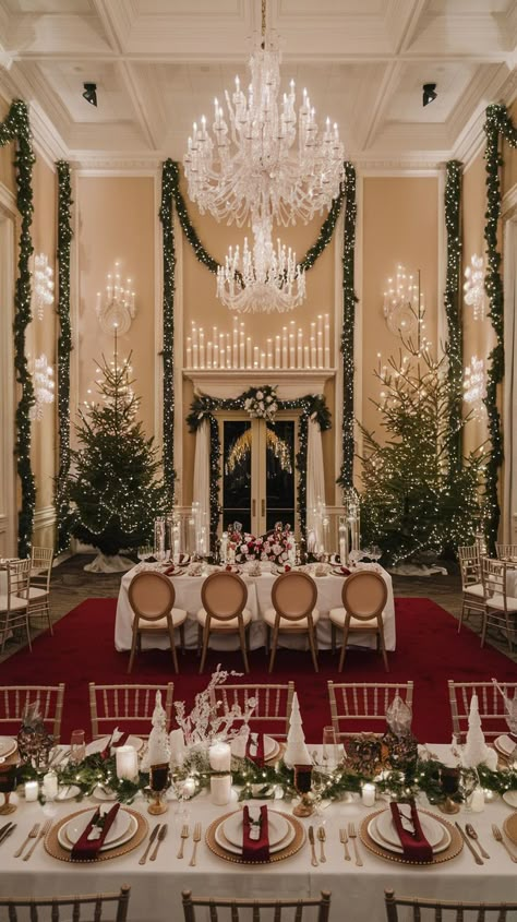 An elegant winter wedding with Christmas trees, chandeliers, and candles all around. Modern Winter Wedding Decor, Snowy Wedding Reception, Christmas Castle Wedding, London Christmas Wedding, Romantic Winter Wedding Decor, Classy Christmas Wedding, Christmas Wedding Ideas Elegant, Indoor Christmas Wedding, Christmas Lights Wedding