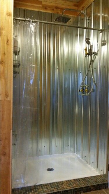 Galvanized shower Diy Basement Shower Cheap, Simple Shower Ideas, Cheap Shower Ideas, Tiny House Shower Ideas, Cabin Shower Ideas, Corrugated Metal Shower, Tiny Cabin Bathroom, Mancave Bathroom, Barn Bathroom Ideas