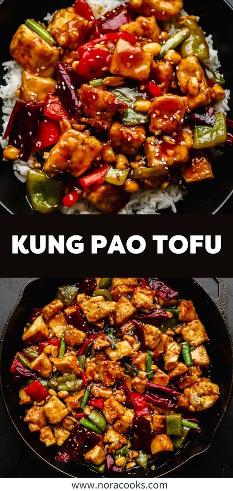 Kung Pao Tofu features pan-fried tofu, stir-fried veggies, and peanuts in a boldly flavored sauce. A plant based dinner everyone can get on board with, and it's easy to make. Vegan Kung Pao Sauce, Fried Tofu Stir Fry, Tofu Kung Pao Recipe, Fried Tofu Bowl, Tofu Recipes Noodles, Vegan Kung Pao Tofu, Kung Pao Vegetables, Tofu Recipes For Dinner, Vegetarian Wok Recipes