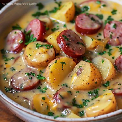 Hearty Kielbasa Potato Soup - Easy Recipe - My Home Made Recipe Polish Kielbasa And Potatoes, Kielbasa Potato Recipes, Soup Recipes With Polish Sausage, Kielbasa Sausage Soup Recipes, Cozy Kielbasa Soup, Polka Kielbasa Recipes Dinners, Kielbasa And Potatoes Soup, Kielbasa Potato Soup Crock Pot, Kielbasa Soup With Potatoes