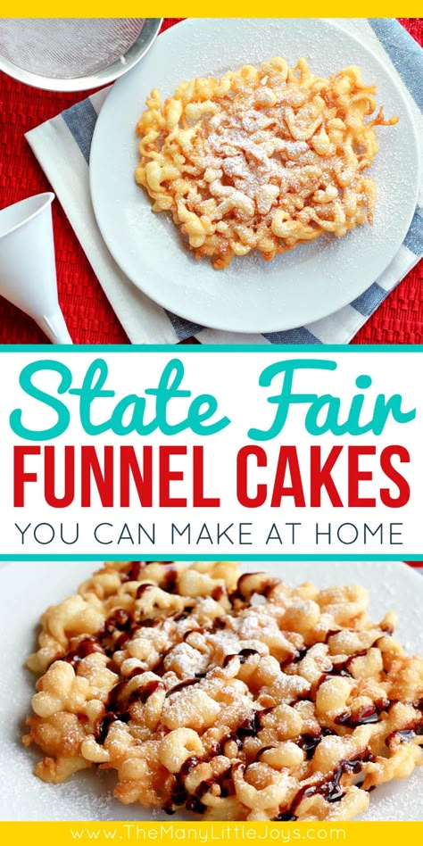 Mix together just a few simple ingredients to create this easy recipe for state fair-style funnel cakes that will make any ordinary weekend special for the whole family. State Fair Funnel Cake Recipe, Fair Funnel Cake Recipe, Gluten Free Funnel Cake, Funnel Cake Recipe Easy, Funnel Cake Bites, Homemade Funnel Cake, Funnel Cake Recipe, State Fair Food, Fair Foods