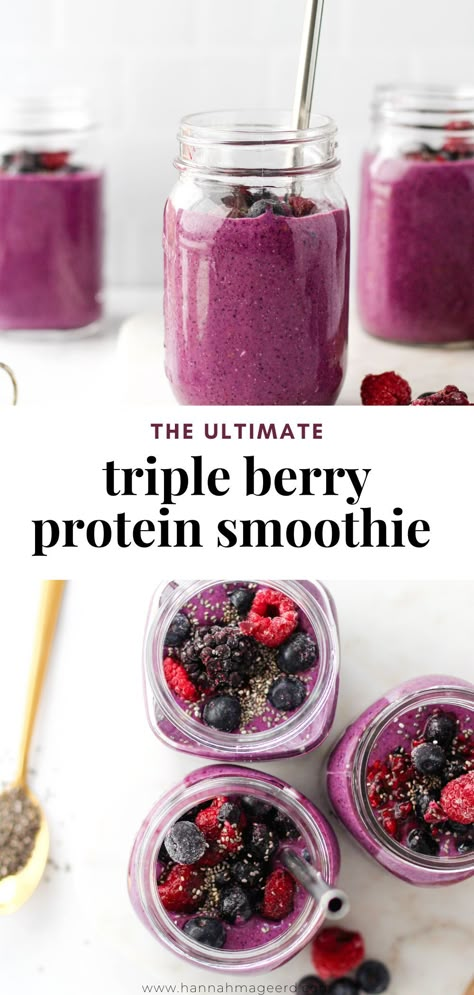 This Berry Protein Smoothie is a great healthy breakfast or snack when you need something quick, tasty and nutritious! Packed with antioxidants as well as fibre, protein, and healthy fat to keep you going. #berryproteinsmoothie #berrysmoothie #tripleberrysmoothie #proteinsmoothie #postworkout #healthybreakfast #healthysnack #smoothierecipe Smoothie Bowl Vegan, Berry Protein Smoothie, Dairy Free Protein, Smoothies Vegan, Dairy Free Smoothies, Smoothie Fruit, Protein Smoothie Recipes, Protein Smoothies, Breakfast Smoothie Recipes