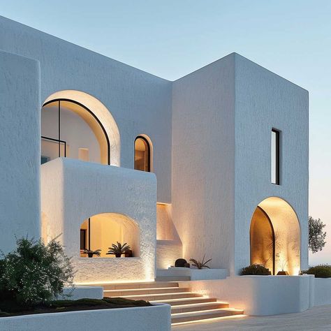 White Home Outside, Modern White Architecture, Front Facade Australia, Alys Beach Homes Exterior, Modern Mediterranean Facade, Mediterranean Style Homes Exterior, Mediterranean Modern Interior, Modern Mediterranean Homes Exterior, Minimalist Home Exterior