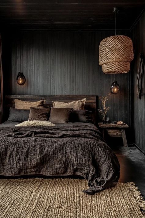 Dark Organic Modern, Earthy Bedroom Aesthetic, Bedroom Moody, Design A Bedroom, Earthy Bedroom Ideas, Organic Modern Bedroom, Soothing Bedroom, Mens Bedroom Decor, Masculine Bedroom