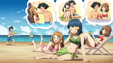 Beach Fantasies | Pokémon | Know Your Meme Ash X Serena Fan Art, Pokemon Ash X Serena, Pokémon Serena, Ash And Serena, Satoshi Pokemon, Lusamine Pokemon, Pokémon Heroes, Pokemon Umbreon, Pokemon Ash And Serena