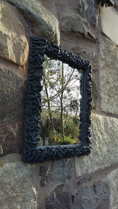 Paper Mache Mirror Frame, Papier Mache Mirror, Paper Mache Frame, Clay Mirror Frame, Paper Mache Mirror, Upcycled Mirror, Downstairs Ideas, 3d Mirror, Paper Mache Clay