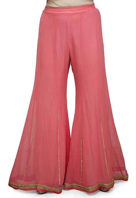 Faux Georgette Palazzo in Pink This Readymade Piece with Shantoon Lining is Beautifully Enhanced with Gota Patti Work ThePalazzo Waist is Elasticated and Adjustable with a Draw String Do Note: Slight Color may Vary Plazo Designs Latest Style, Plazzo Designs, Plazo Designs, Georgette Palazzo, Plazo Pants, Women Trousers Design, Sharara Designs, Pant Design, Womens Pants Design