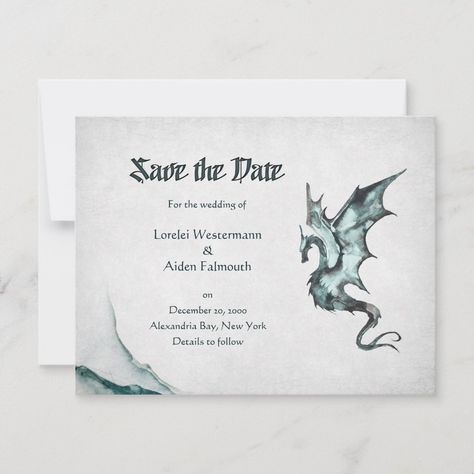 Like a tale from ancient times, these dragon wedding invitations will bring a sense of romance and adventure to your wedding. the coordinating pieces of this watercolor dragon invitation suite features a flying dragon and sea wave in abstract watercolors on a parchment background. Perfect for your epic fantasy, rpg, or viking wedding. See the collection for other pieces.   ***   Need to rearrange text or change text styles? Want to add wedding details to the back of the invite? All text and most Dragon Invitations, Abstract Watercolors, Dragon Moon, Dragon Wedding, Alexandria Bay, Dragon Blue, Parchment Background, Viking Wedding, Flying Dragon