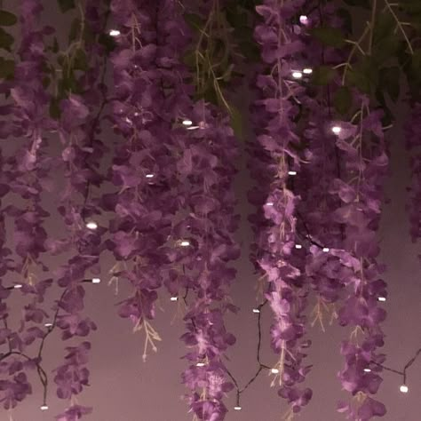 Fake purple wisteria flowers hanging with fairy lights shining through. Magical appearance Fairy Bedroom Aesthetic, Fairy Light Bedroom, Light Purple Room, Light Purple Bedroom, Vines Aesthetic, Purple Fairycore, Moroccan Tile Backsplash, Fake Wisteria, Cozy Kitchen Ideas